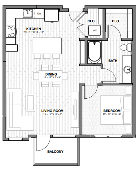Floor plan for 1 bed, 1 bath, 718 sqft